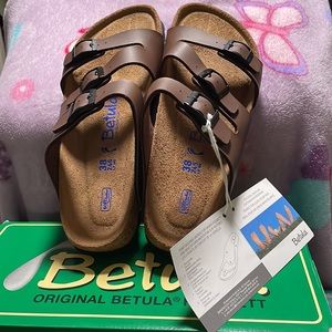 NWT in original box Betula sandals, leather upper, natural cork sole